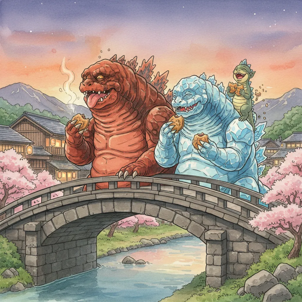 夕陽の中で焼き芋を食べる3匹の怪獣