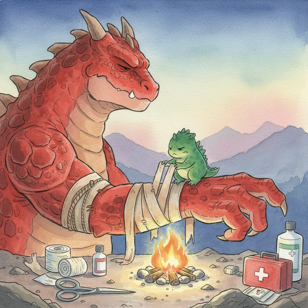 朝日の中で自分の傷だらけの手を見つめるガリョウ