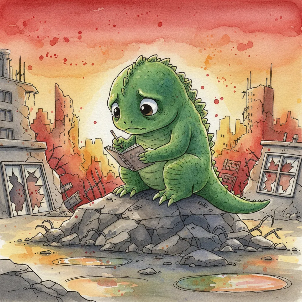 夕暮れの丘から壊れた港町を見下ろす3匹の後ろ姿