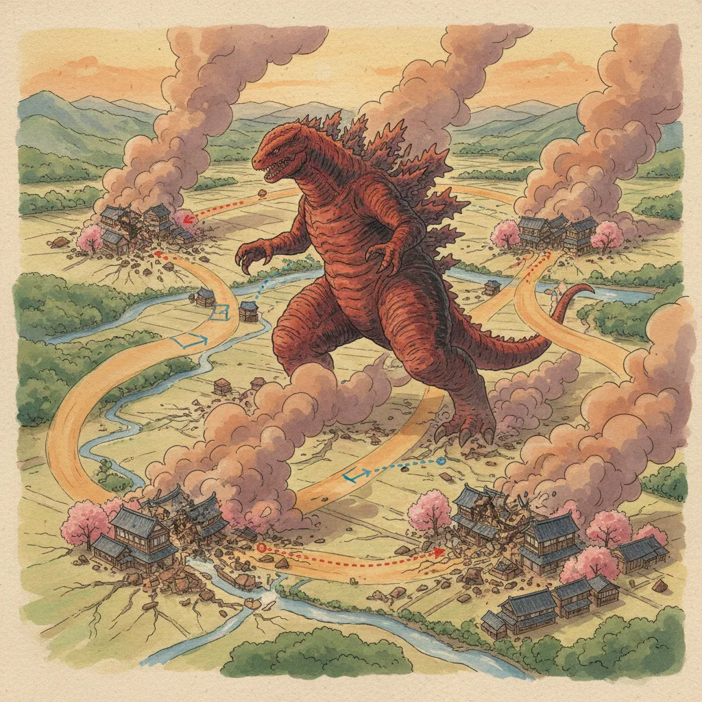 上空から見た3つの街と走り回るガリョウのシルエット