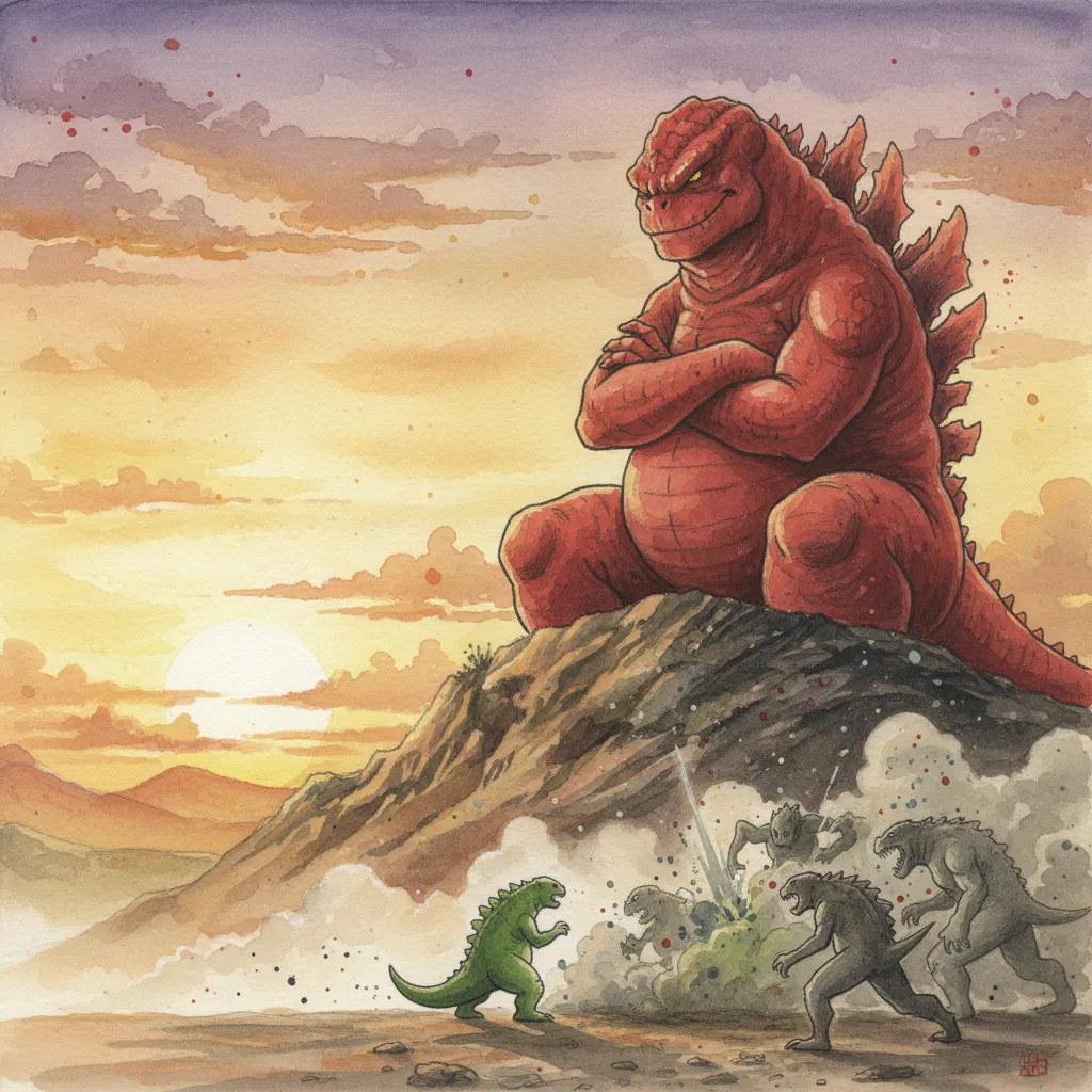 戦闘後の渓谷でガリョウがノビを見つめている