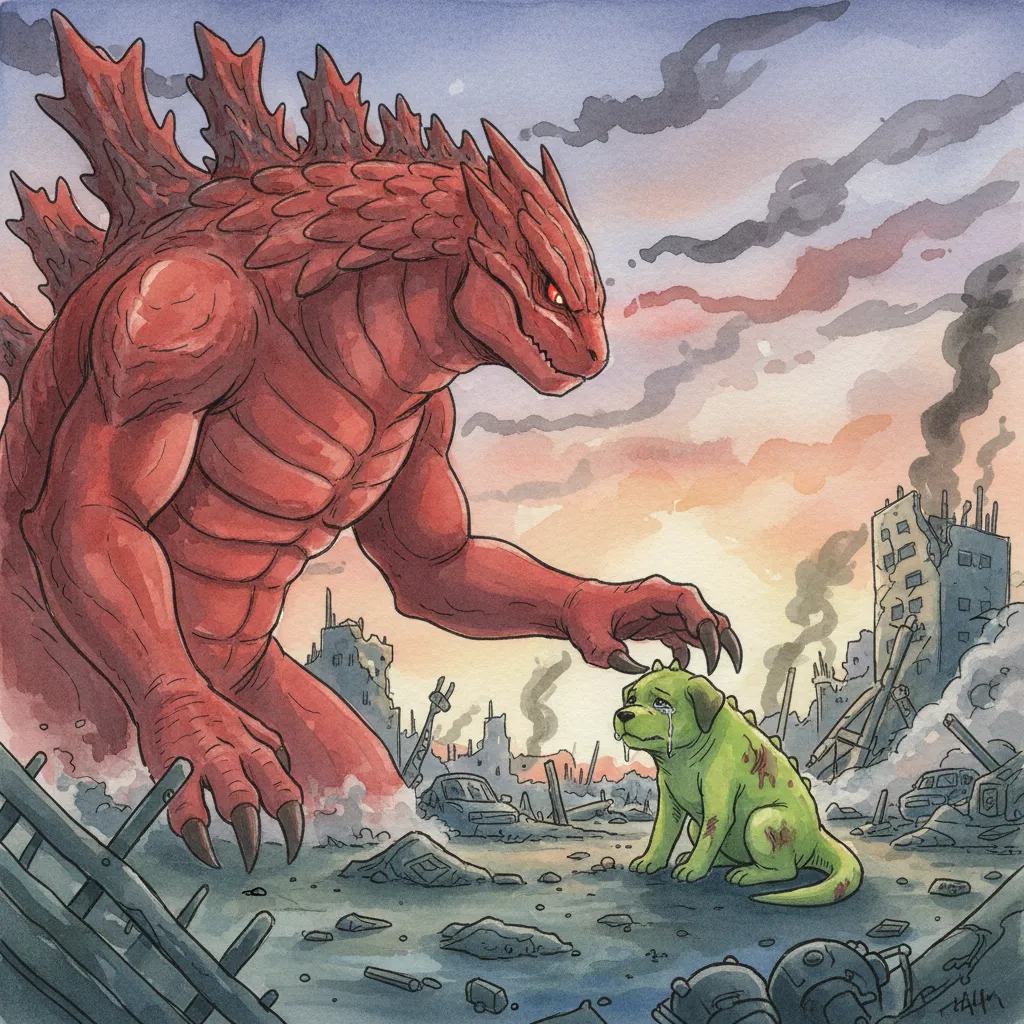 焚き火のそばでノビの頭に手を置くガリョウ