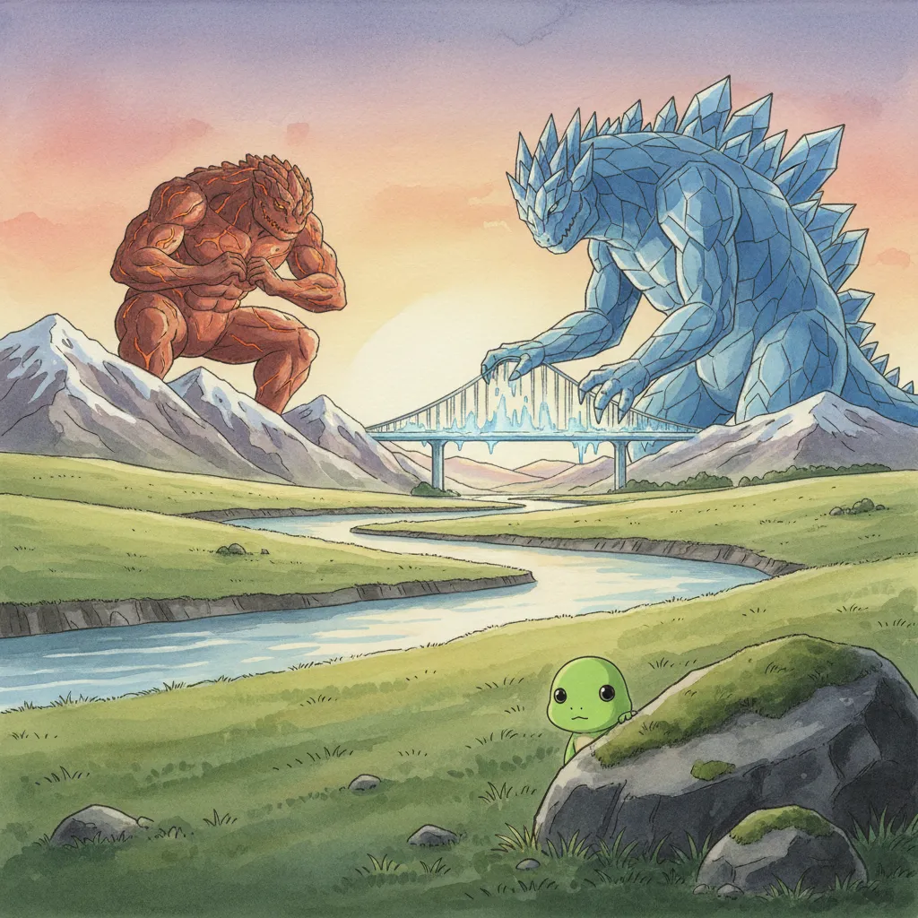 山腹でスクワットするGと、川に橋を架けるKを遠くから見つめるノビ