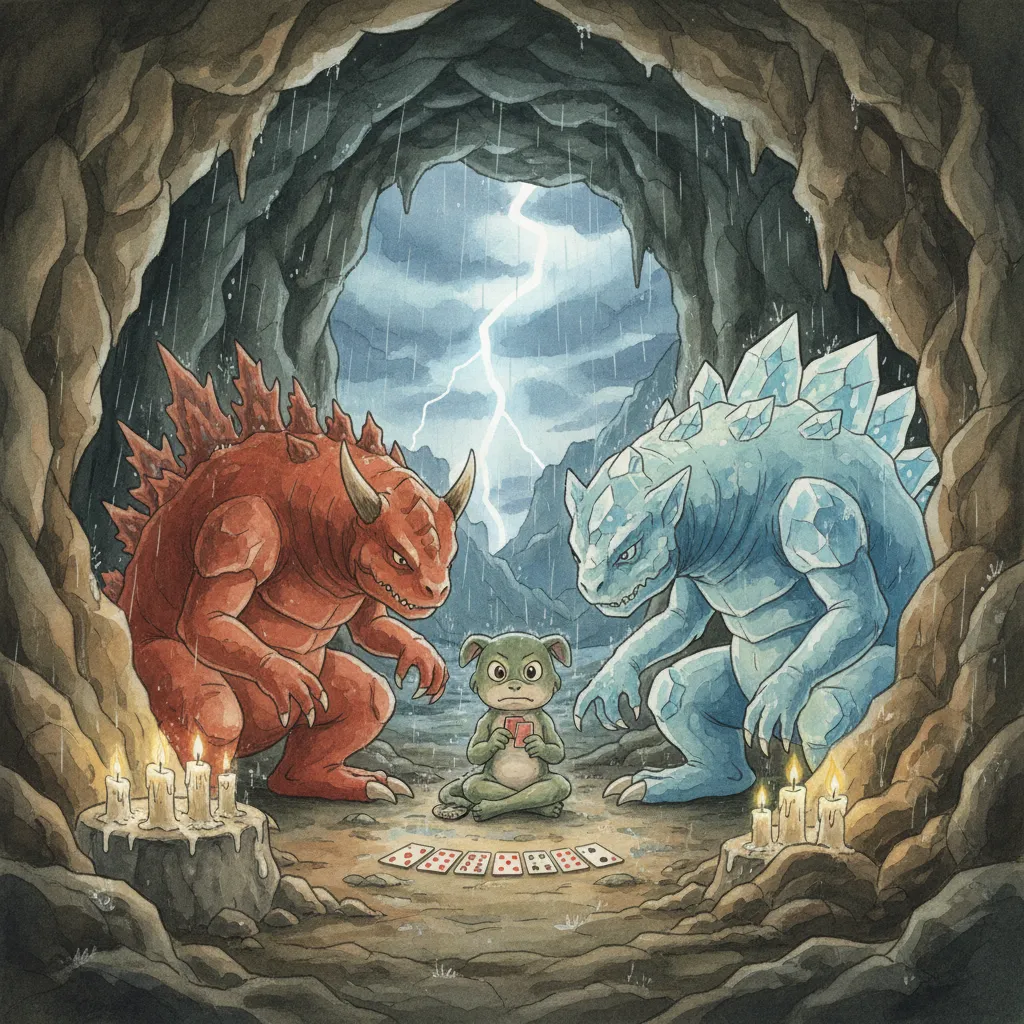 嵐の夜、洞窟でカードゲームをする3匹