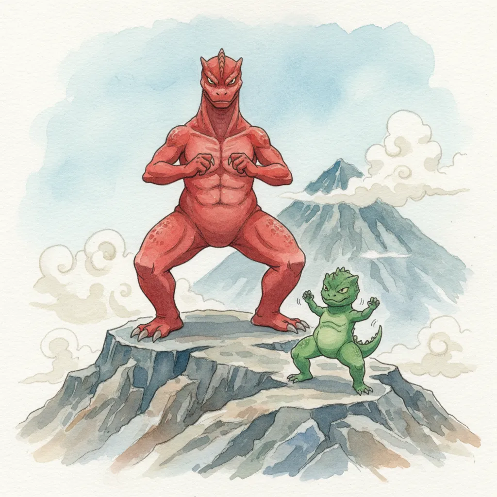 嵐の中、微動だにせず立つガリョウと、地面にしがみつくノビ