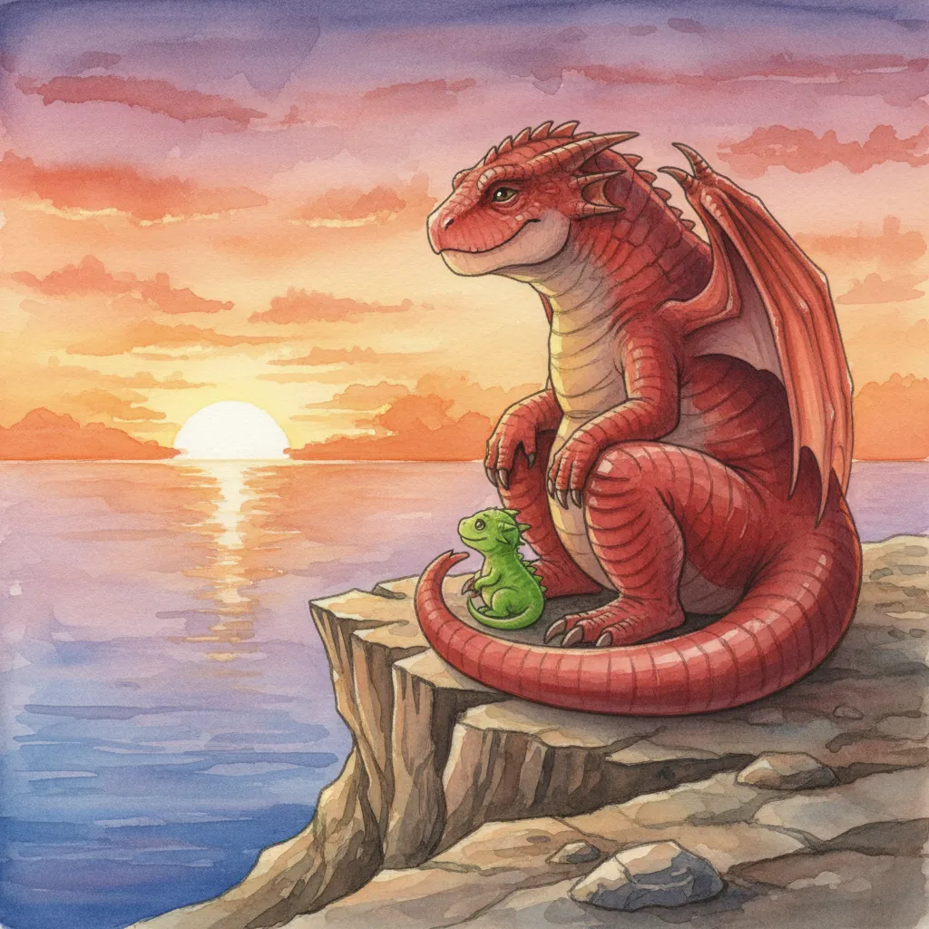 穏やかになった岩場で過ごす若い怪獣たち、遠くにガリョウの背中