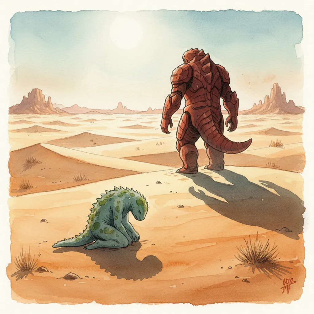 砂丘に膝をつきながら手を伸ばすノビ