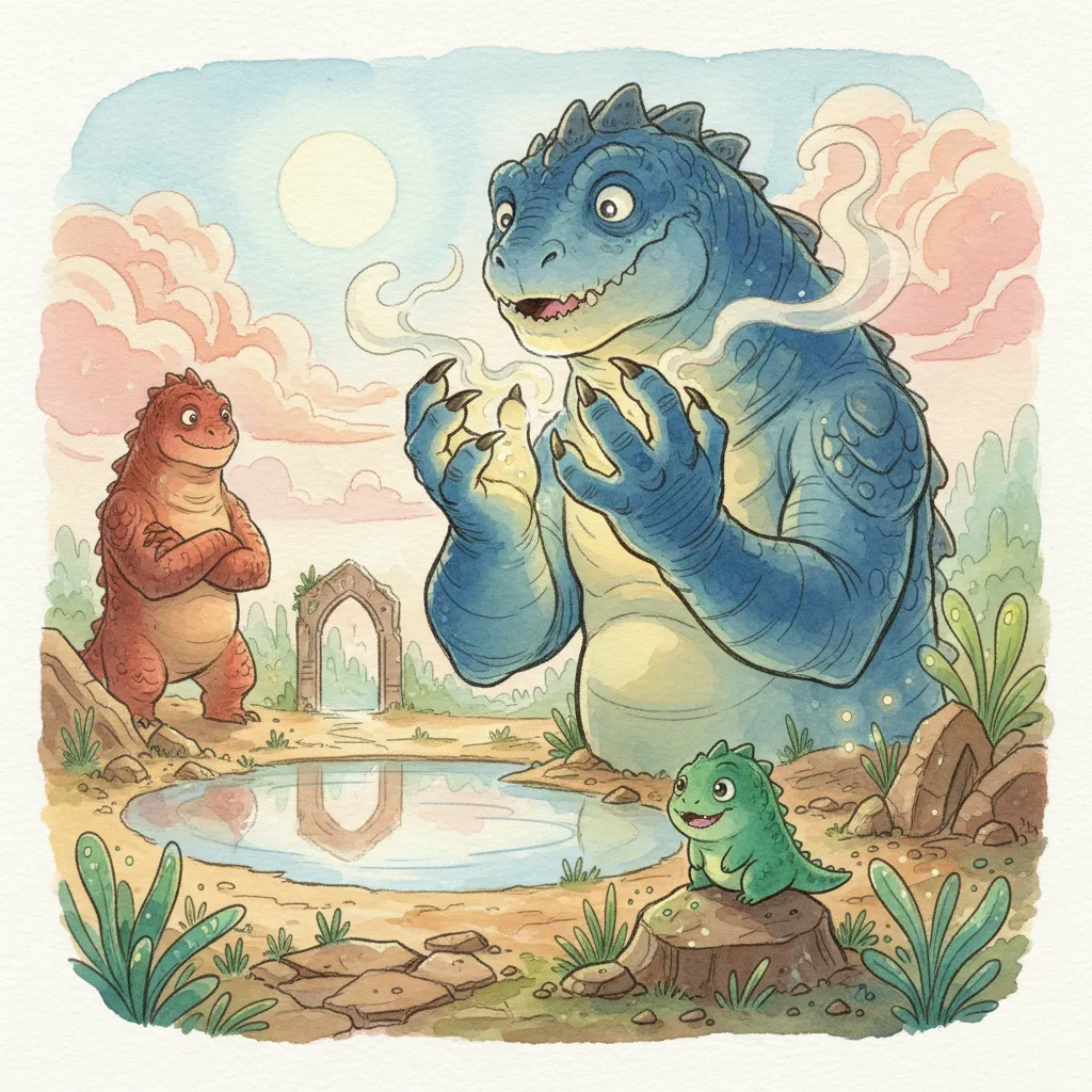 朝空に飛び立つ小さな翼の獣と、背を向けるクロワ