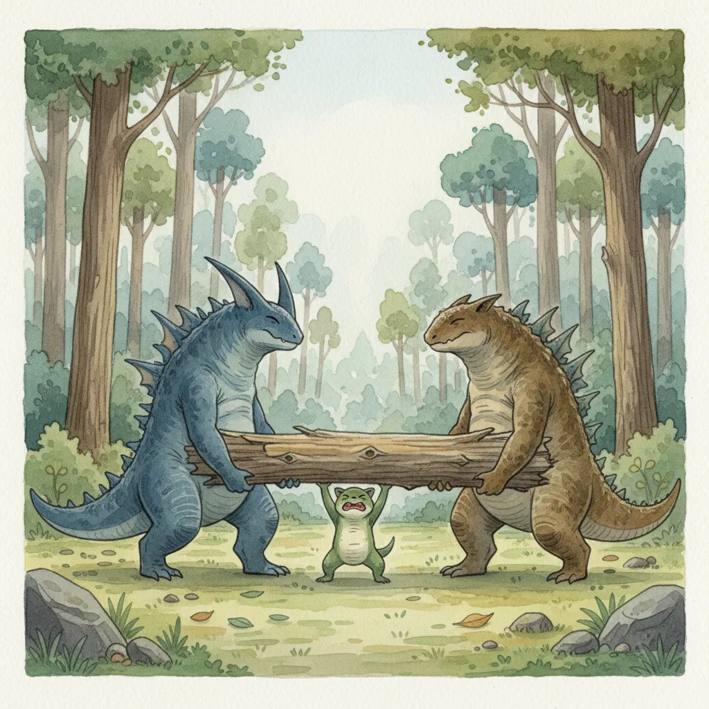 焚き火の前で膝を抱えてうつむくノビ、背後に眠るガリョウとクロワ